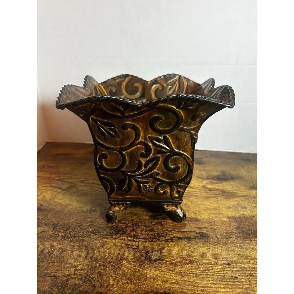 Vintage Embossed Metal Planter Bronze Floral Scroll Footed Cachepot Decor Accent